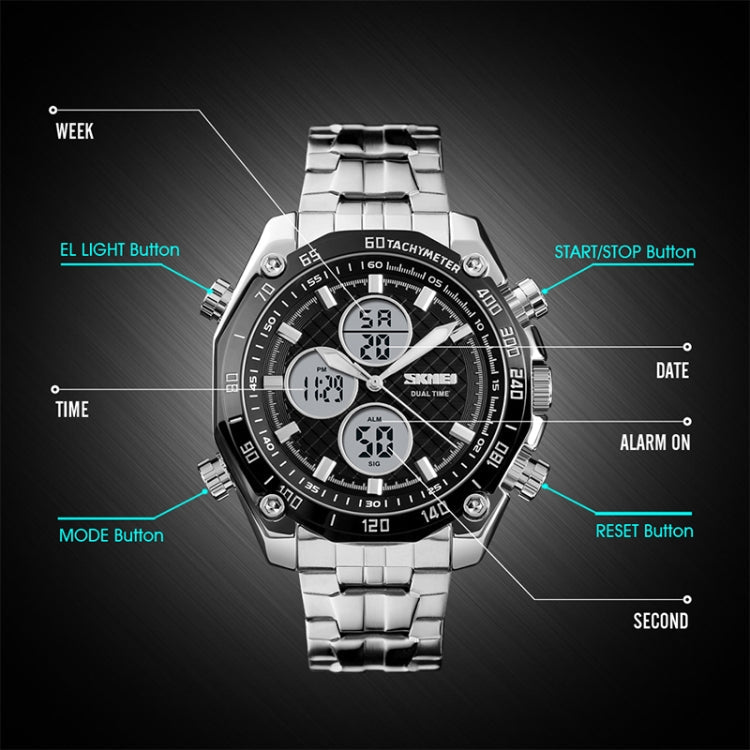 skmei-1302-fashion-men-leisure-wrist-watch-multifunctional-dual-time-sports-digital-watch-with-stainless-steel-watchband-30m-waterproof-silver-black